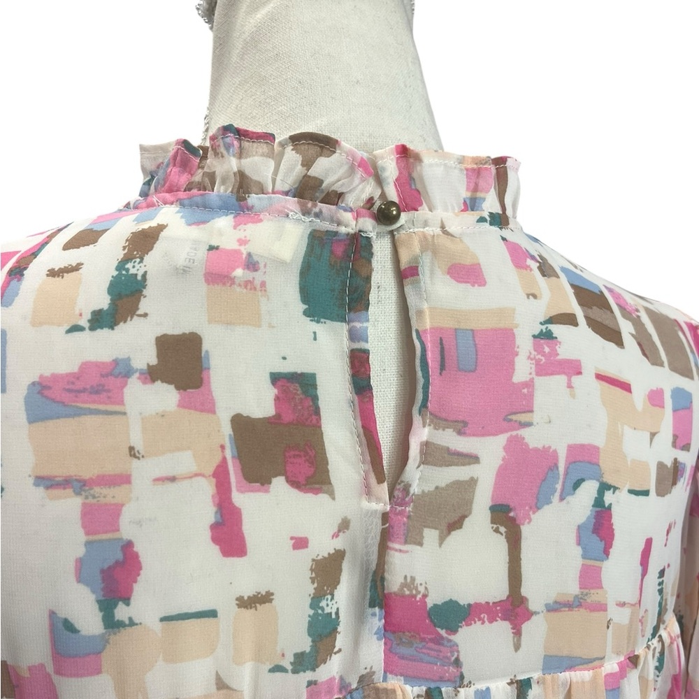 Entro Pink Abstract Print Smocked Tiered Ruffle Long Sleeve Mini Dress Medium - Picture 5 of 11